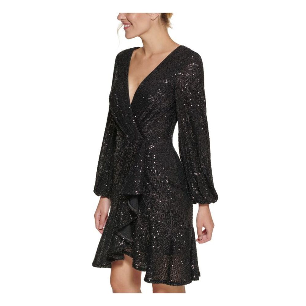 ELIZA J Womens Black Long Sleeve Above The Knee Party Faux Wrap Dress 4 - Picture 3 of 4